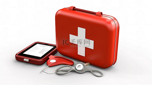 手机维修科技背景图片_白色背景下孤立急救箱和电话的 3D 渲染
