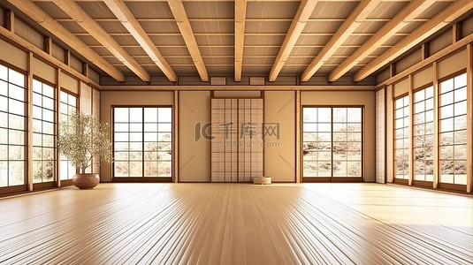 当代日式房间，采用简约风格和 3D 渲染的时尚屋顶设计