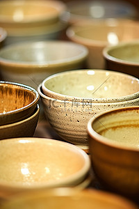 桌子上堆放着各种不同的釉面碗
