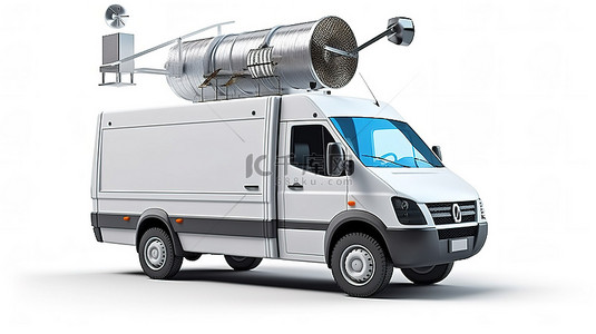 商业商用背景图片_白色背景下现代卫星广播到白色商业工业货运货车的 3D 渲染