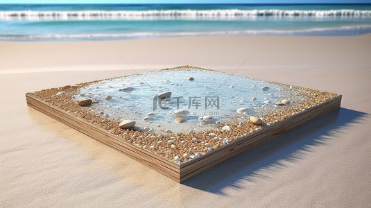 在促销背景图片_在沙滩上以 3d 形式可视化的平板电脑