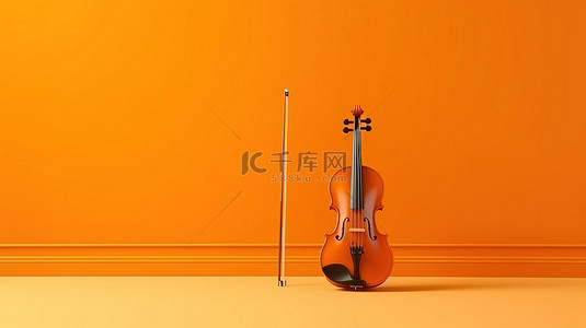 充满活力的工作室环境中独奏小提琴和弦乐的橙色单色 3D 渲染