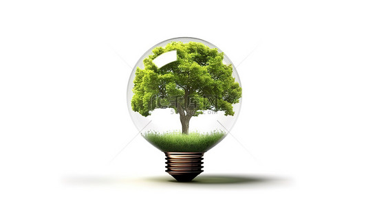 白色背景下灯泡内隔离的绿树的 3D 渲染，以实现生态友好和节能的概念