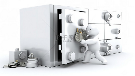 人物金融背景图片_白色背景下金属保险箱中的 3D 人物保护金钱