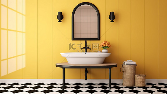 黄色瓷砖背景图片_经典风格的酒店浴室设有黄色瓷砖墙壁矩形镜子和角落3D渲染的时尚黑色洗脸盆
