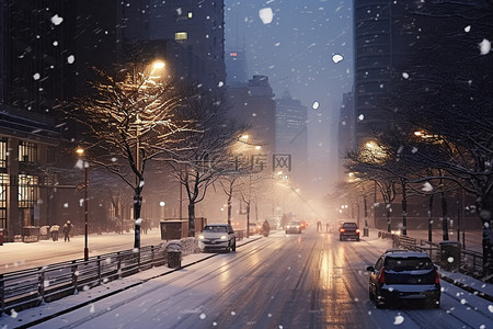 雪景城市背景图片_冬天，道路上有积雪的城市