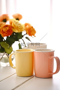 橙色的花背景图片_桌子上的橙色杯子和鲜花