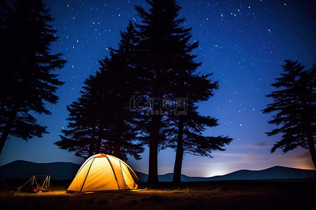 夜空下的帐篷和树木，上面有星星