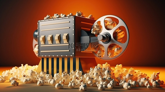 经典电影体验电影放映机爆米花和场记板的 3D 渲染