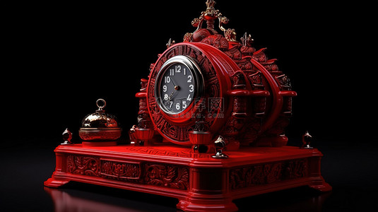 宝座背景背景图片_黑色背景与红色国王的宝座和 3D 渲染中的老式闹钟