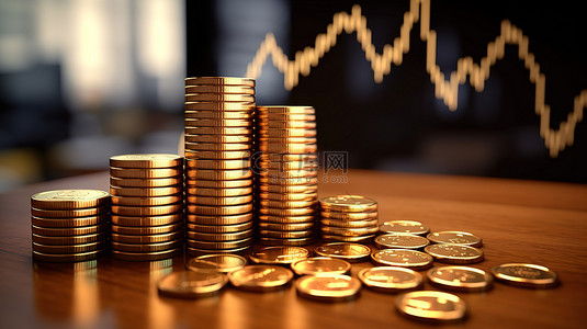 通过金币堆栈和代表储蓄和投资概念 3D 渲染的财务增长图表来描绘财务成功
