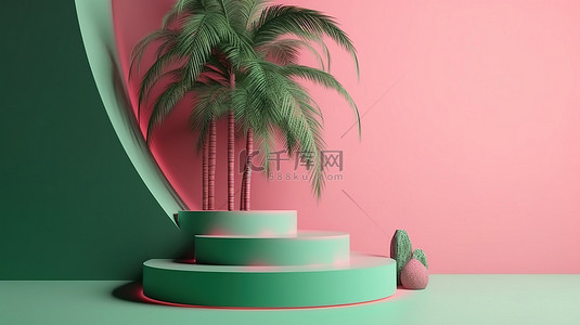 品牌推广 3D 渲染棕榈树基座，带有抽象绿色和粉色台阶