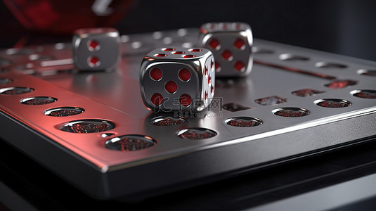 灰色背景板背景图片_灰色背景上的红色骰子由 3d 金属板纹理突出显示
