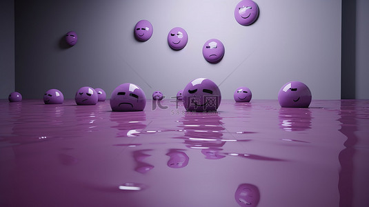 在紫色空地板和墙壁上以 3D 呈现的情绪和感觉概念中的情感图标