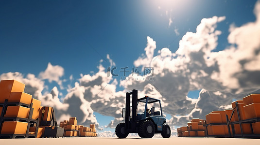 推土机背景图片_天空背景与 3D 渲染叉车和卡车插图