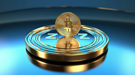 网上银行业务背景图片_蓝色反射背景上闪闪发光的 3d zcash 加密货币硬币