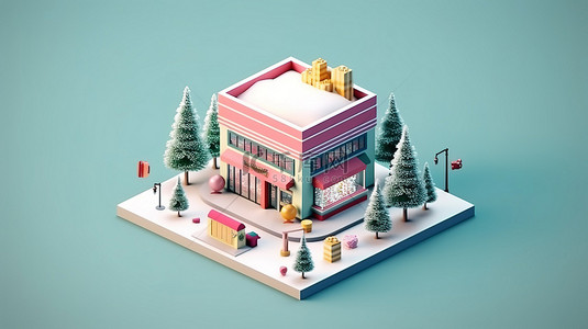 超市装饰背景图片_等距商店的 3D 插图装饰着礼物和圣诞树，非常适合促销或横幅