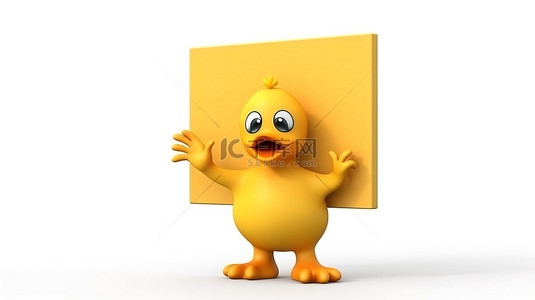 可爱的黄色卡通鸭吉祥物在白色背景 3D 渲染上拿着一个空白的广告架
