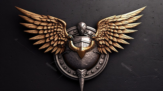 青铜 3D 渲染雕刻有翼剑和盾