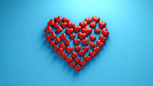 情人节概念 3D 渲染蓝色背景上围绕红心的蓝心