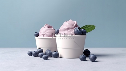 纸杯模型中的低脂蓝莓和蓝莓冰淇淋，带有夏季横幅和复制空间 3D 渲染
