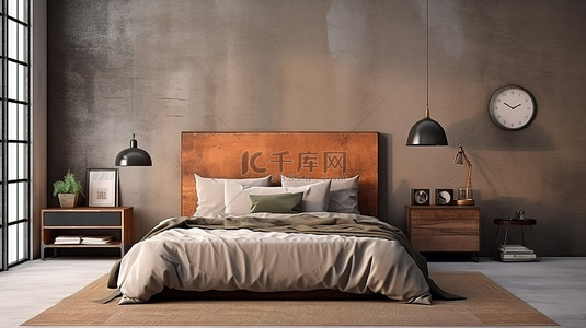 室内家居背景海报背景图片_时尚的床架背景，混凝土墙上有 3D 渲染的样机海报
