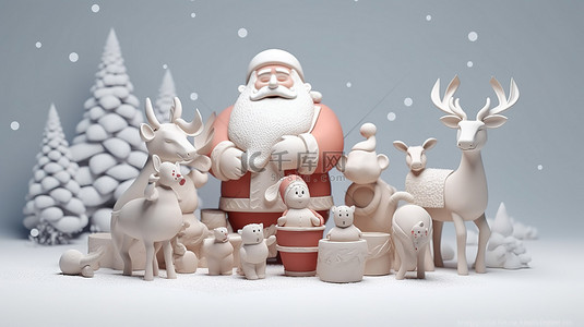新年人物背景图片_3d 渲染与鹿和圣诞老人​​的快乐假期