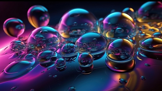 催眠全息 3D 艺术背景中的液态元球和肥皂泡