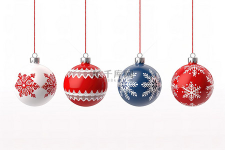 蓝色透明背景上的红色和白色圣诞球