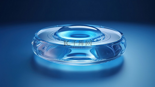 透明眼镜片背景图片_蓝色表面上的 3D 渲染隐形眼镜