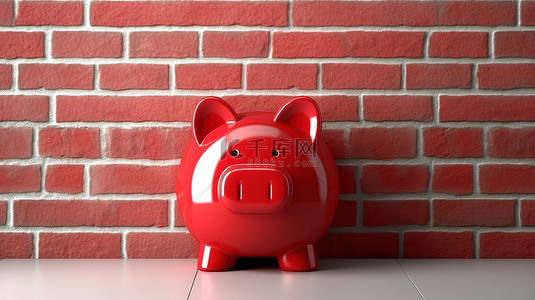 金融红色海报背景图片_关闭 3D 渲染红色存钱罐钱盒与空白框架靠在砖墙上