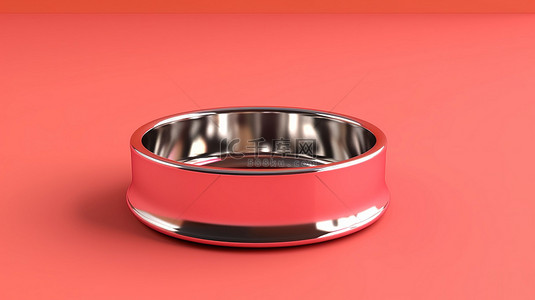 充满活力的红色宠物碗，由不锈钢制成，位于柔软的粉红色表面上，隔离并以 3D 渲染