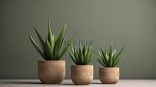 水平横幅，以芦荟 3D 渲染和带有郁郁葱葱的绿色植物的陶罐为特色