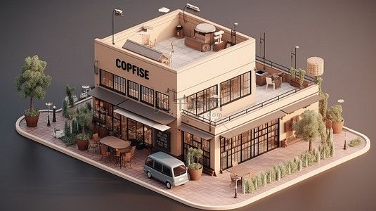 风景房屋背景图片_3d 渲染背景中咖啡烘焙厂的外部等距视图
