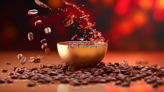 一杯热气腾腾的咖啡，带有漂浮咖啡豆的 3D 渲染背景