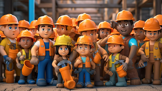 建築工人背景图片_卡通风格 3D 插图的安全穿着施工人员