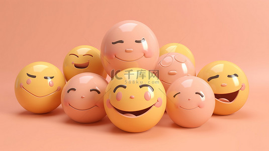 光滑柔和的桃色背景上的 3D 幸福表情符号
