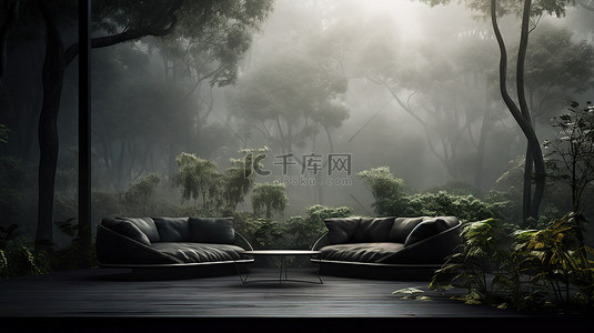 森林背景模糊和神秘黑影的户外休息室设计 3D 插图