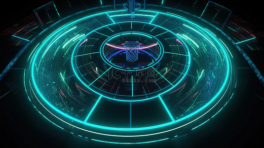 3d 渲染中霓虹灯篮球场的虚拟运动场鱼眼顶视图
