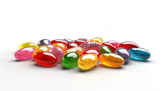 彩虹糖背景图片_充满活力的圆形果冻豆在白色背景上的 3D 隔离中带来色彩缤纷的喜悦
