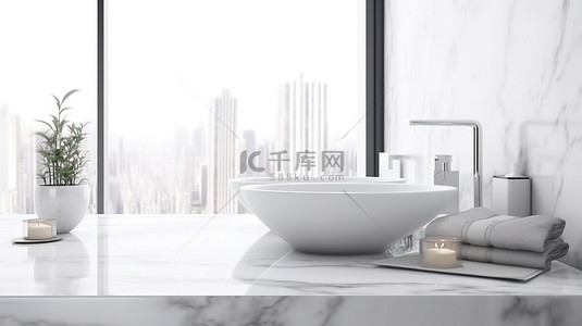简约桌面背景背景图片_带大理石桌面模型的简约白色浴室的 3D 渲染