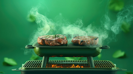 铁板鸡扒背景图片_烟熏烤架上的铁板牛排在郁郁葱葱的绿色背景下 3D 渲染图像