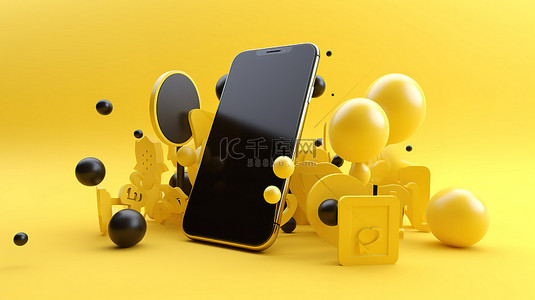 漂浮科技信息背景图片_3D 电话漂浮在黄色背景的语音气泡中，强调沟通和社交媒体