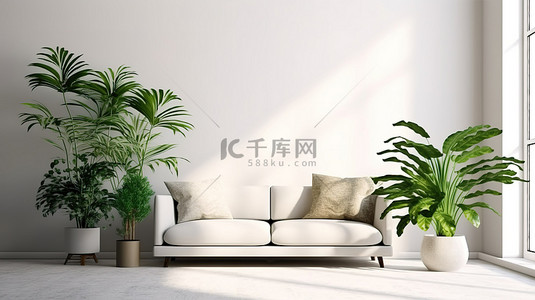 带沙发和植物的白墙背景 3D 渲染室内