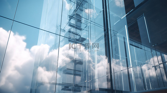 建筑大背景图片_玻璃窗 3D 渲染中具有云反射的未来派摩天大楼建筑