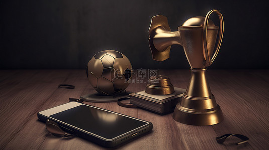体育场比赛背景图片_青铜奖杯和呜呜祖拉角伴随着智能手机上的在线足球比赛，以 3D 插图与复制空间