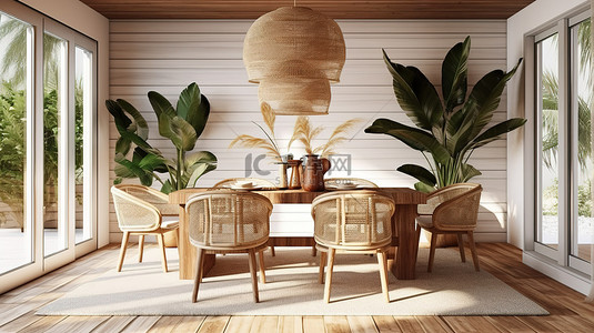 在舒适的家庭室内装饰柳条装饰的沿海用餐空间的 3D 渲染