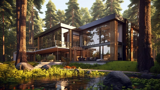 林中木屋背景图片_华丽的森林静修处 3d 渲染树林中的豪华住宅