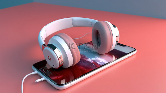 戴耳机的手机背景图片_独立智能手机和耳机组合的 3d 渲染
