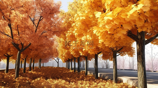 秋季秋叶背景图片_3d 插图秋季树叶背景的树木和灌木